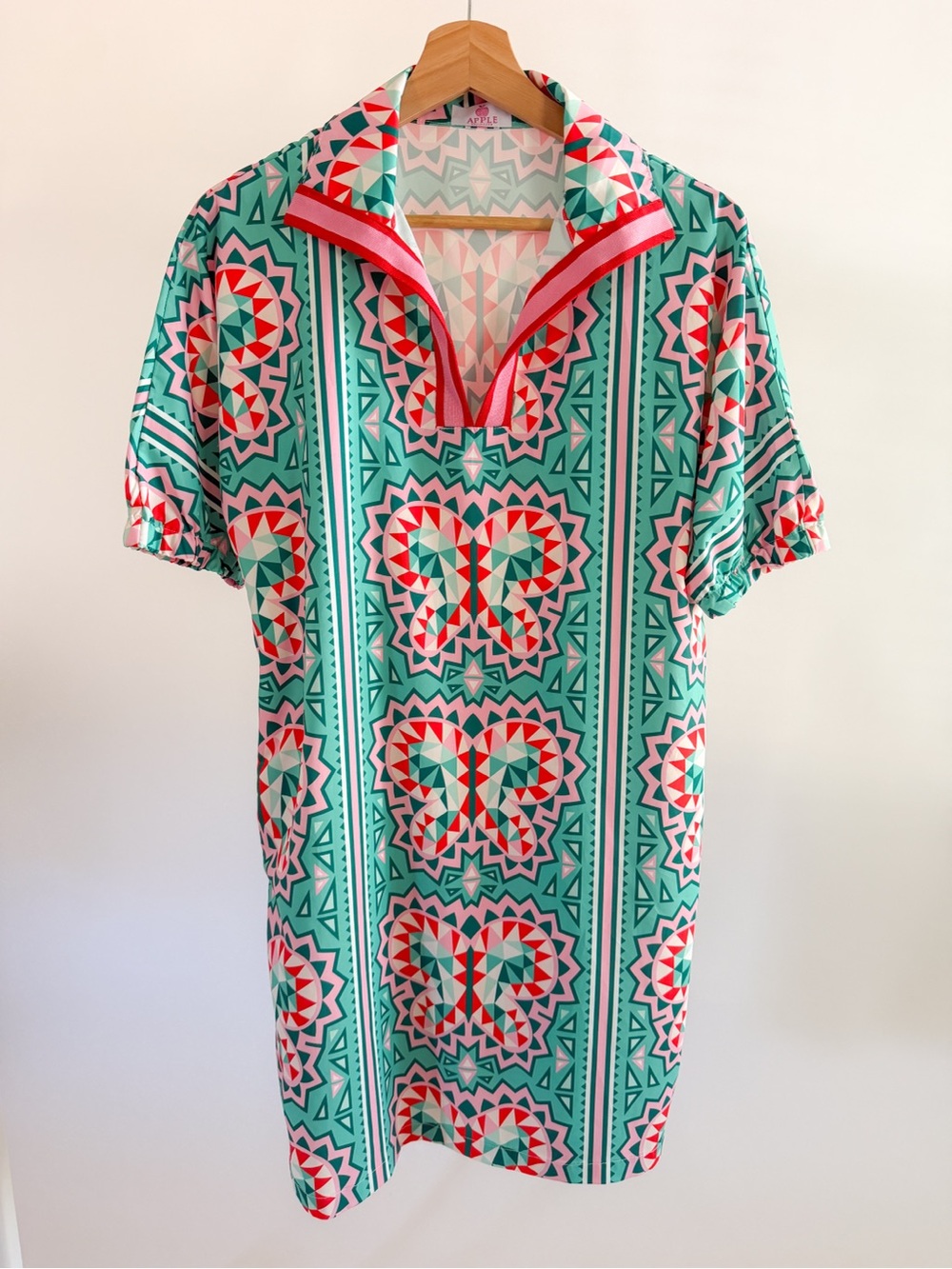 Apple Blvd Mint Boho Geometric Butterfly Print Split Neck Dress